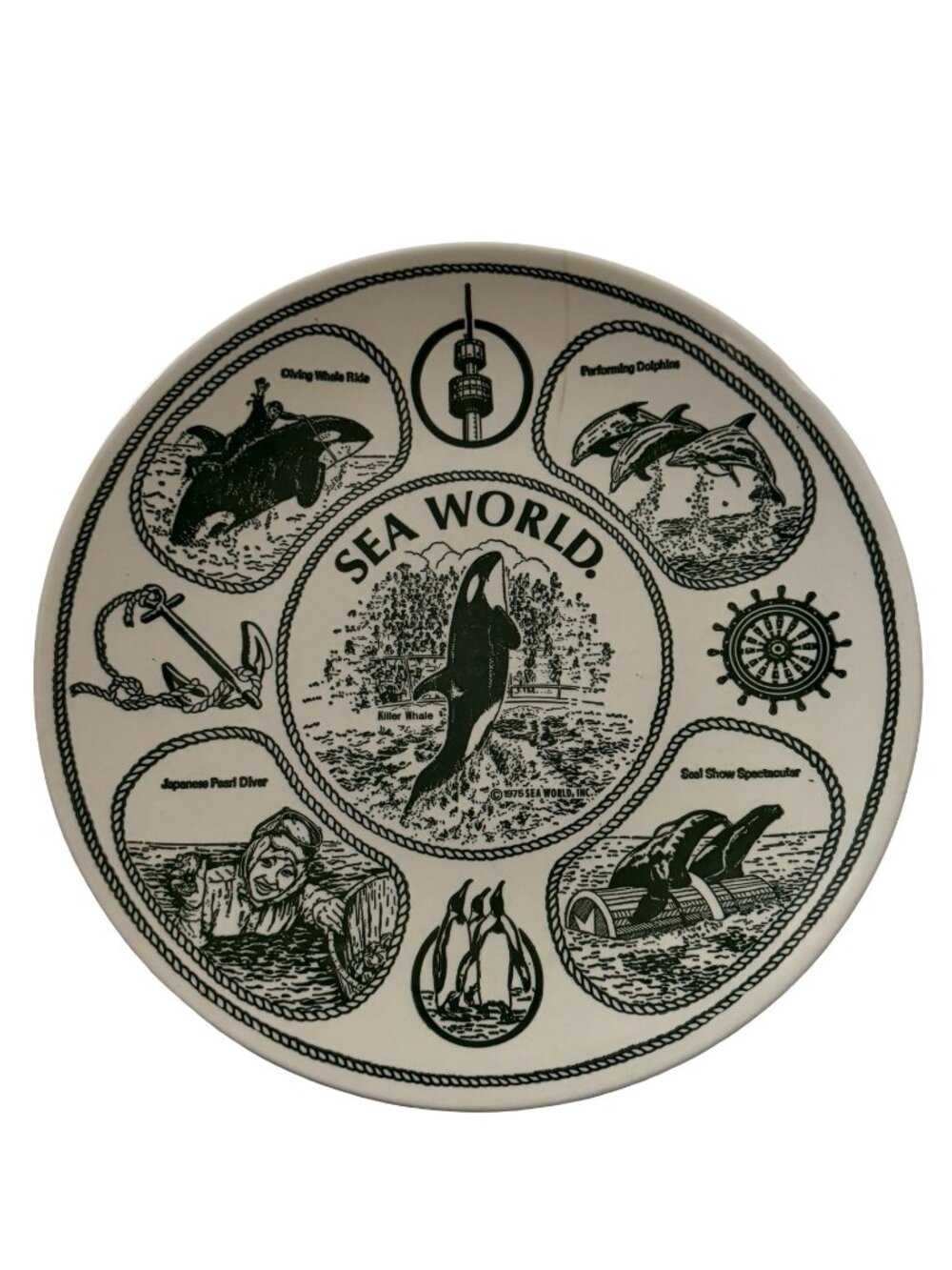 Vintage 1975 Sea World Shamu Souvenir Plate Green Transferware Enco National